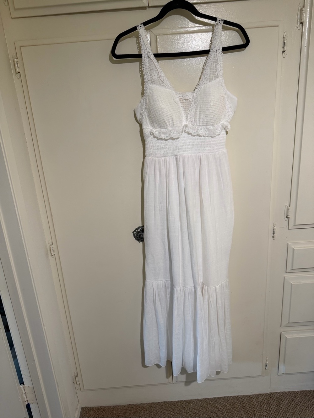 Rebellion White Maxi Dress with Crochet Bodice w/ lining elastic waist